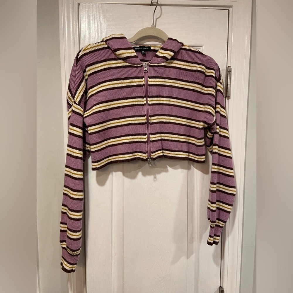 Kendall + Kylie Size XS Purple Stripe Full Zip Cotton Ribbed Knit Cropped Hoodie